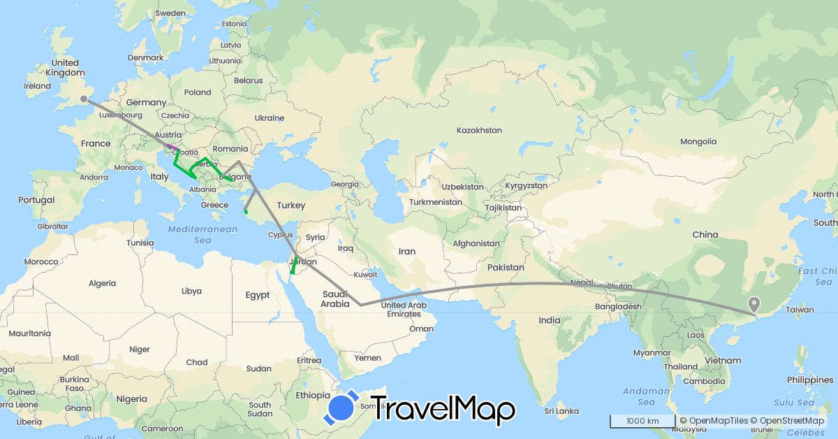 TravelMap itinerary: bus, plane, train in Bosnia and Herzegovina, Bulgaria, China, United Kingdom, Croatia, Israel, Jordan, Montenegro, Romania, Serbia, Saudi Arabia, Slovenia, Turkey (Asia, Europe)